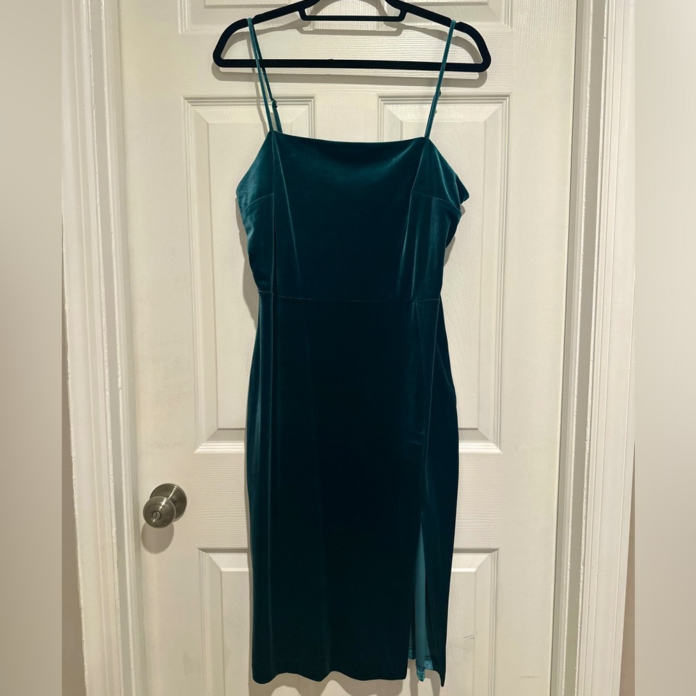 Green Velvet Slip Dress Midi Side Slit Spaghetti Strap Cocktail Dress M